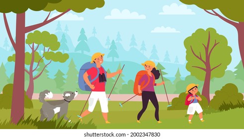 Family hiking. Travelers hike, kids trekking in forest. Tourism vacation, adventure walk with parents and dog decent vector cartoon illustration