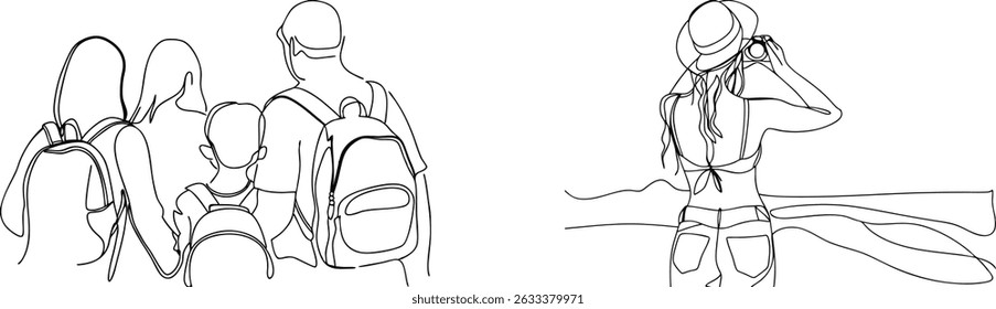 Family hiking trip and tourist photographing landscapes in minimalist one line art