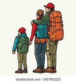 Family hiking vintage colorful concept with father mother and son standing with their backs and looking into distance isolated vector illustration