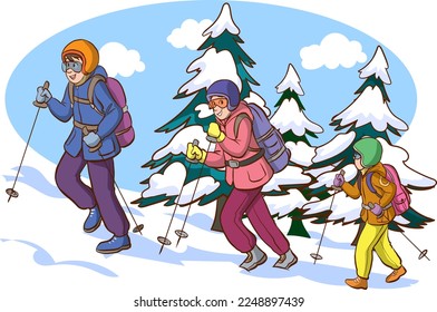 family hiking in winter cartoon vector