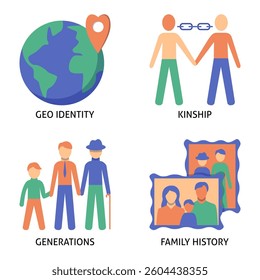 Family history and generations flat icon set. Vector illustration.