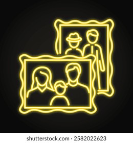 Family history photos neon icon. Memory portraits, nostalgia. Vector illustration