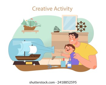Family Hobbies concept. Creative crafting time with a child and parent engaged in ship modeling, fostering a learning atmosphere.
