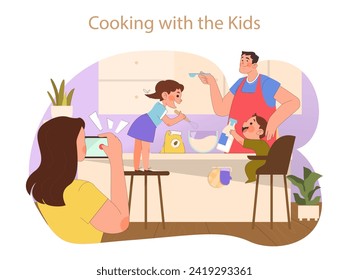 Concepto de Hobbies Familiares. Una sesión culinaria reconfortante donde niños y padres comparten la alegría de cocinar en una cocina casera.