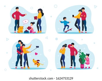 Family Hobbies and Entertainments Trendy Flat Vector Concepts Set. Parents with Child Feeding Cat, Photographing Sons Skateboard Trick, Shooting Selfie, Playing in Hide-and-Seek Isolated Illustrations
