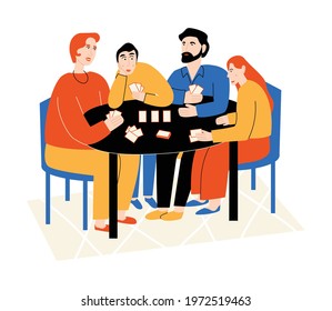 Family hobby. Home pastime. Mother, father, and kids playing a card game. Vector flat illustration on white background