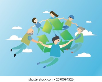 Family hold hand and around the recycling symbol to show the support of environmental protection vector illustrator graphic EPS 10