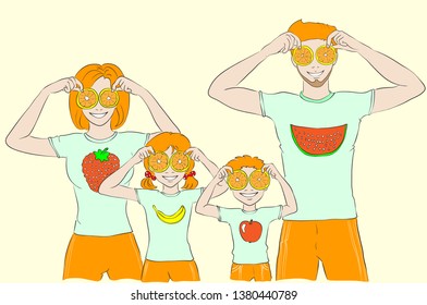 Family hold oranges and play. On t-shirt emblem with strawberry, banana, apple, watermelon.