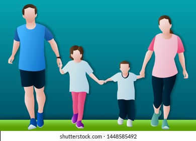 The family hold their hands to run. graphic vector