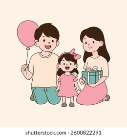 A family holding a balloon and holding a gift. minimal line art vector illustration.