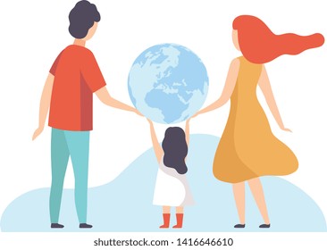 Family Holding Big Earth Globe, Mother, Father and Their Little Daughter with Terrestrial Globe, Back View Vector Illustration