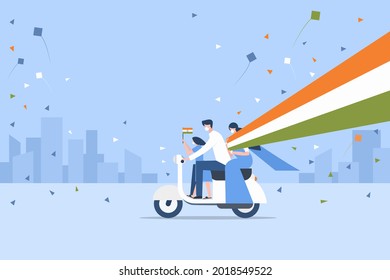 A family, holding the flying Indian tricolour flag, travelling in a scooter. With copy space