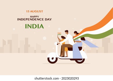 A family, holding the flying Indian tricolour flag, travelling in a scooter. Indian Independence Day concept