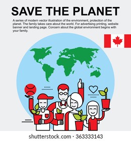 Family holding a green plant with leaves, expresses concern about the environment. Series vector illustration of environmental protection, taking care of the planet.