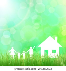 Family holding hands. House. Green grass.