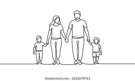 A family holding hands, walking together in a Continuous One Line Drawing