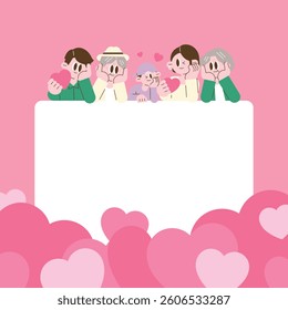 Family holding hearts and smiling on a pink background cute illustration