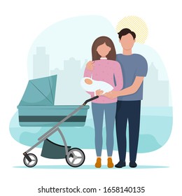 Family holding little baby. Mother, father and their newborn, baby carriage, family photo. Family on a walk. Cute vector illustration in flat style