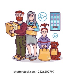 Familia con paquetes, productos para toda la familia. La pareja compra regalos y flores. Compradores en línea que piden artículos. Concepto de compra de productos a través de aplicaciones móviles. Tecnología moderna y estilo de vida. Vector