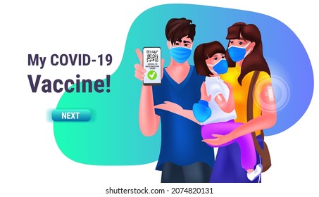 family holding smartphone with digital immunity passport qr code on screen risk free covid-19 pandemic vaccination