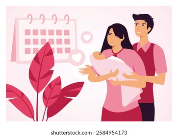  Family holding their newborn baby in a heartwarming and supportive scene, surrounded by soft pink colors and abstract elements. Flat vector modern illustration 