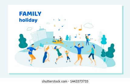 Family Holiday Banner, Happy People Having Fun in Public City Park Dancing and Enjoying Summer Time. Diverse Characters, Adults and Kids Rejoice, Outdoors Fun Activity Cartoon Flat Vector Illustration