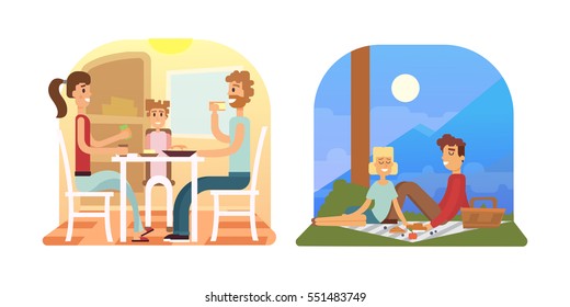 Family holiday cartoon concepts. Mom, dad, son, daughter at dinner.