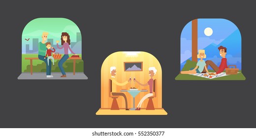 Family holiday cartoon concepts. Mom, dad, son, daughter at dinner.