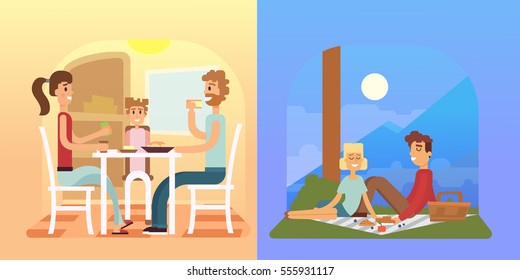 Family holiday cartoon concepts. Mom, dad, son, daughter at dinner.