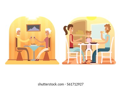 Family holiday cartoon concepts. Mom, dad, son, daughter at dinner.