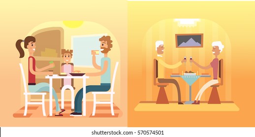 Family holiday cartoon concepts. Mom, dad, son, daughter at dinner. - Shutterstock ID 570574501