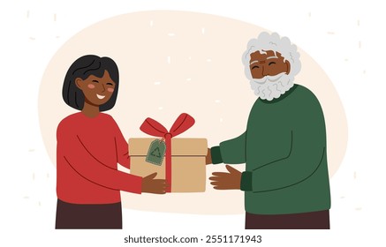 Family holiday celebration banner. A girl gives a gift to her grandfather. Christmas, holiday and family concept.