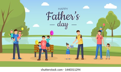 Family holiday celebration flat banner template. Happy dads and little children, sons and daughters outdoors cartoon characters. Young men and kids together in park illustration with typography