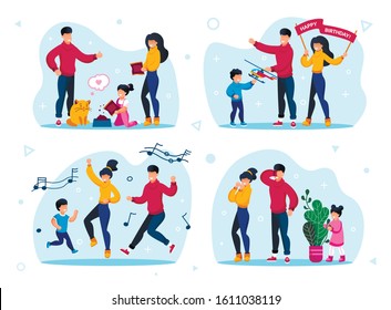 Family Holiday Celebrations and Entertainments Trendy Flat Vector Concepts Set. Parents with Children Feeding Cat, Giving Birthday Gift to Child, Happy Dancing, Playing in Hide-and-Seek Illustrations