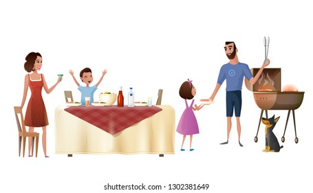 Family Holiday Dinner Cartoon Vector with Mother Holding Goblet, Joyful Son at Table and Daughter Grilling Meat with Father Illustration Isolated on White Background. Happy Parents Resting With Kids