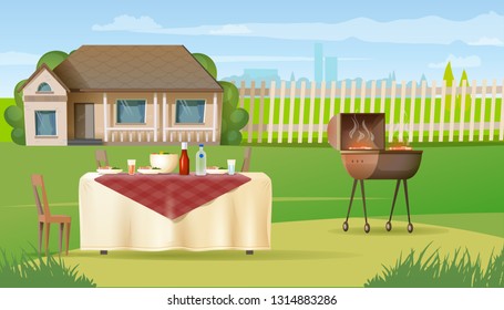 Family Holiday Dinner Cartoon Vector with Salad in Bowl, Steak Cooked on Barbeque Grill in Plates and Drinks Standing at Table Covered Tablecloth Illustration. Summer Picnic near Country House Concept