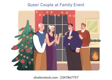 Family holiday event. Homosexual couple meeting parents. Happy character gathering on Christmas. Young queer men reuniting with elderly mother and father. Family reunion. Flat vector illustration