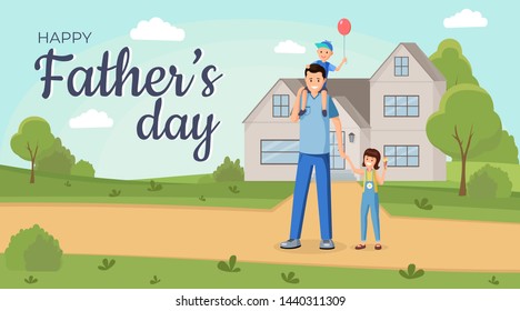 Family holiday flat banner vector template. Young father holding daughter hand, carrying little son on shoulders cartoon characters. Happy dad and kids standing together illustration with typography