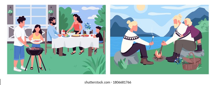 Family Holiday Flat Color Vector Illustration Set. Children And Parent Eat Barbecue. People Camping And Roast Marshmellow. Recreational 2D Cartoon Landscape With Nature On Background Collection