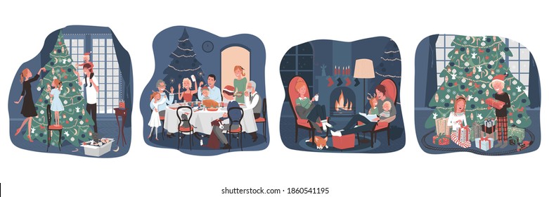 
Family Holiday At Home. Decorating A Christmas Tree, A Christmas Family Dinner, An Evening With The Family By The Fireplaces, Opening Christmas Gifts. Vector, Cartoon Illustration.