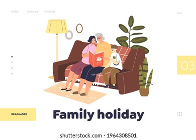 Family holiday landing page concept with grandmother reading fairy tale to kids. Two children sitting on sofa with grandma reading book. Cartoon flat vector illustration