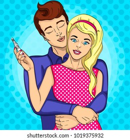 Family, holiday, news. The girl is pregnant, the guy is happy. Future mother and father, parents. Vector illustration of pop art. Comic style