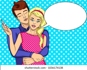 Family, holiday, news. The girl is pregnant, the guy is happy. Future mother and father, parents. Text bubble. Vector illustration of pop art. Comic style