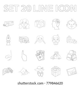 Family holiday outline icons in set collection for design. Recreation and equipment. vector symbol stock web illustration.