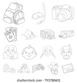 Family holiday outline icons in set collection for design. Recreation and equipment. vector symbol stock web illustration.