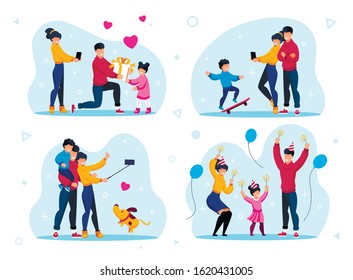 Family Holiday Party and Recreation Trendy Flat Vector Concepts Set. Happy Parents Celebrating Kid Birthday, Making Memorable Selfie Photos, Having Fun on Holiday Party Together Isolated Illustrations