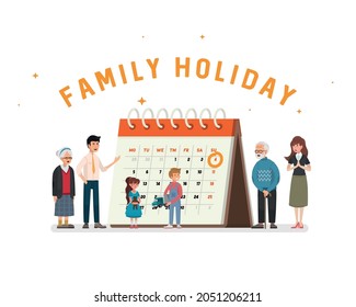 Family holiday. A poster depicting a large family on the background of the calendar.