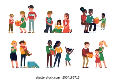 Family holiday presents. Set of vector flat style illustrations on parents giving presents to kids. Excited children receiving xmas or birthday gifts. Christmas presents themed concepts