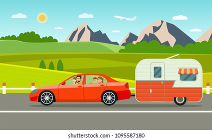 Family holiday. Travel trailer and sedan. Forest and mountain landscape. Vacation poster concept. Flat style vector illustration