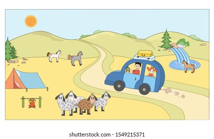 Family holidays by car, among the mountains, a waterfall. Past horses and sheep.